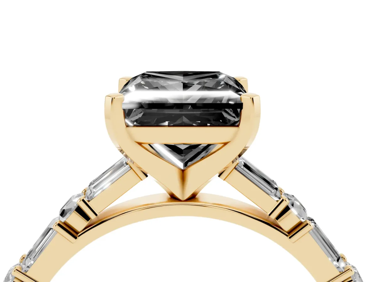 Fancy Black Princess Cut Diamond Solitaire with Side Baguettes and Channel Set Band Yellow gold