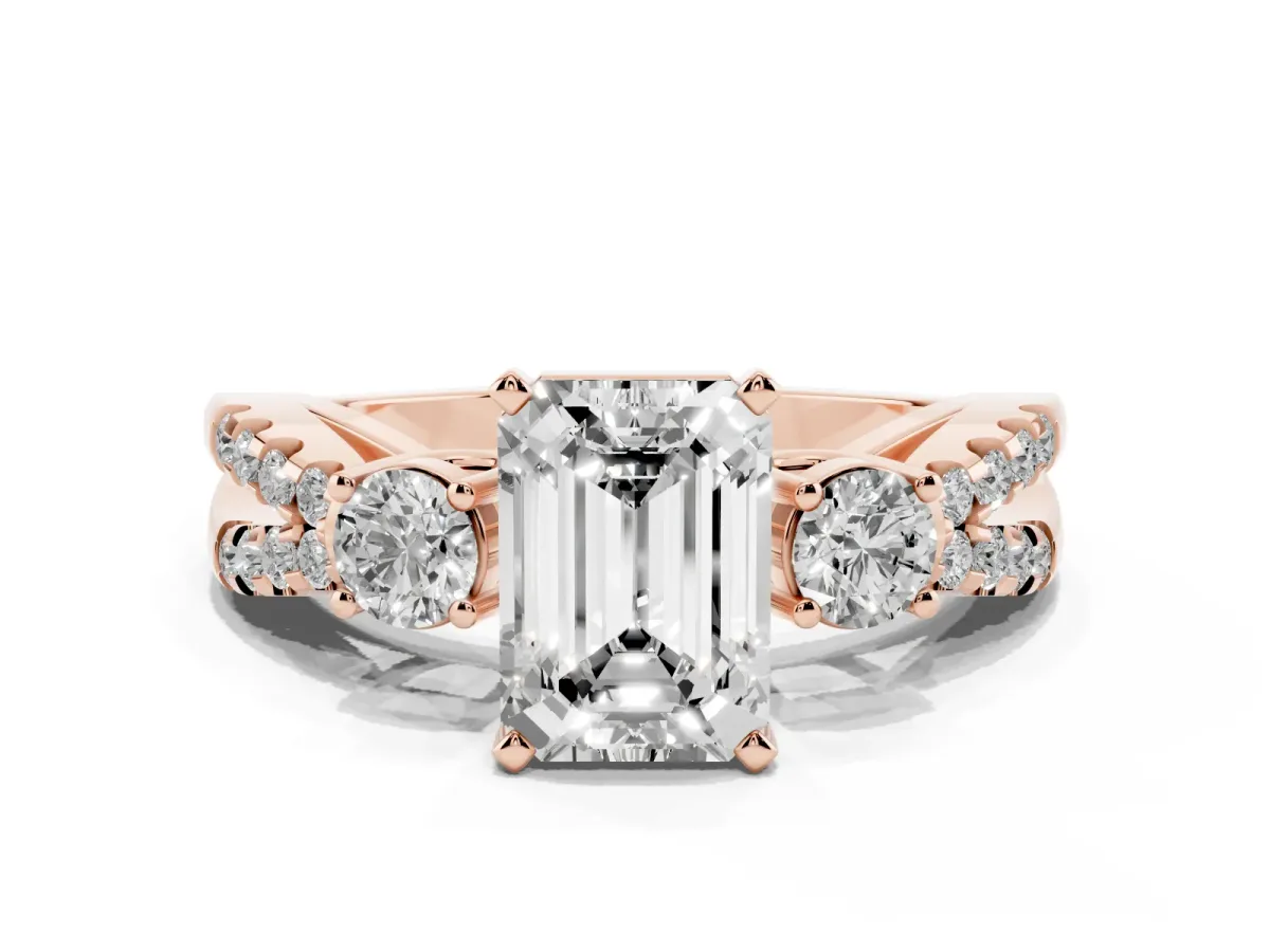 Emerald Cut Diamond Three-Stone Ring with Pavé Split Shank and Four-Prong Setting Rose gold