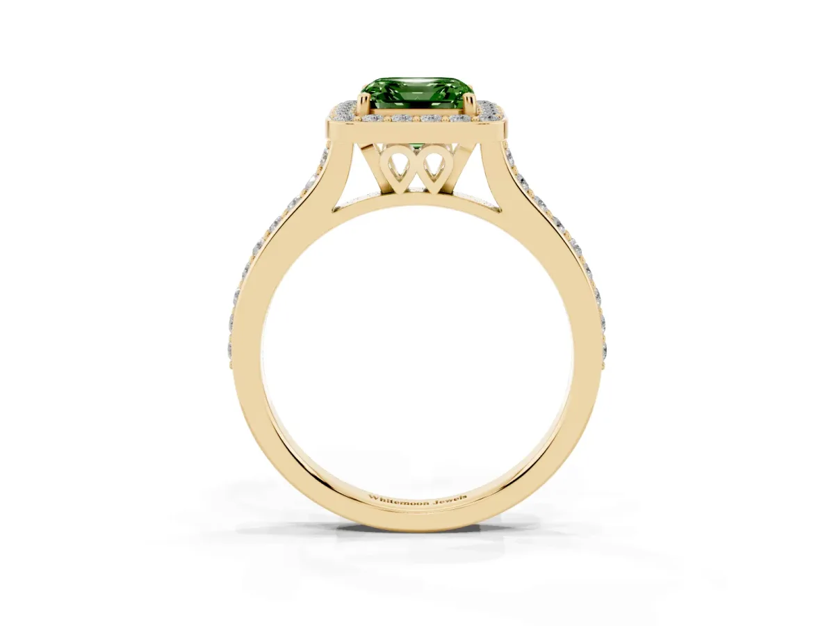 Fancy Green Asscher Cut Diamond Halo Engagement Ring with Round Pavé Shoulders and Prong Setting Yellow gold