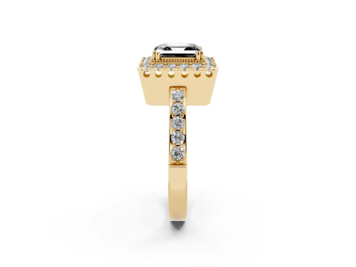 Fancy Black Asscher Cut Diamond Halo Ring with Pavé Band and Prong Setting Yellow gold