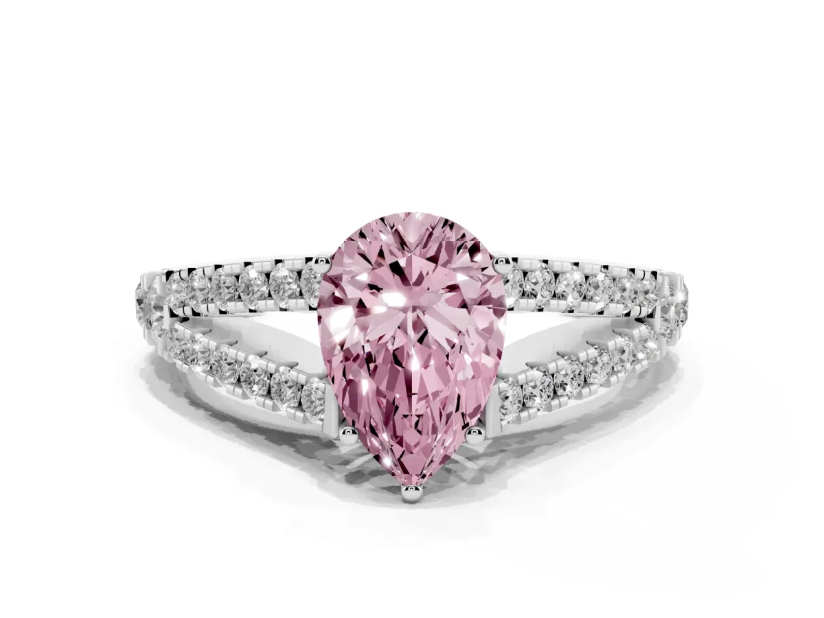 Fancy Pink Pear Cut Diamond Split Shank Engagement Ring with Round Pavé and Prong Setting Platinum