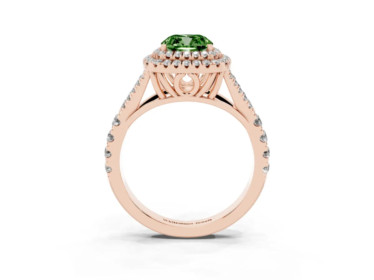 Fancy Green Cushion Cut Diamond Pavé Split Shank Double Halo Engagement Ring Rose gold