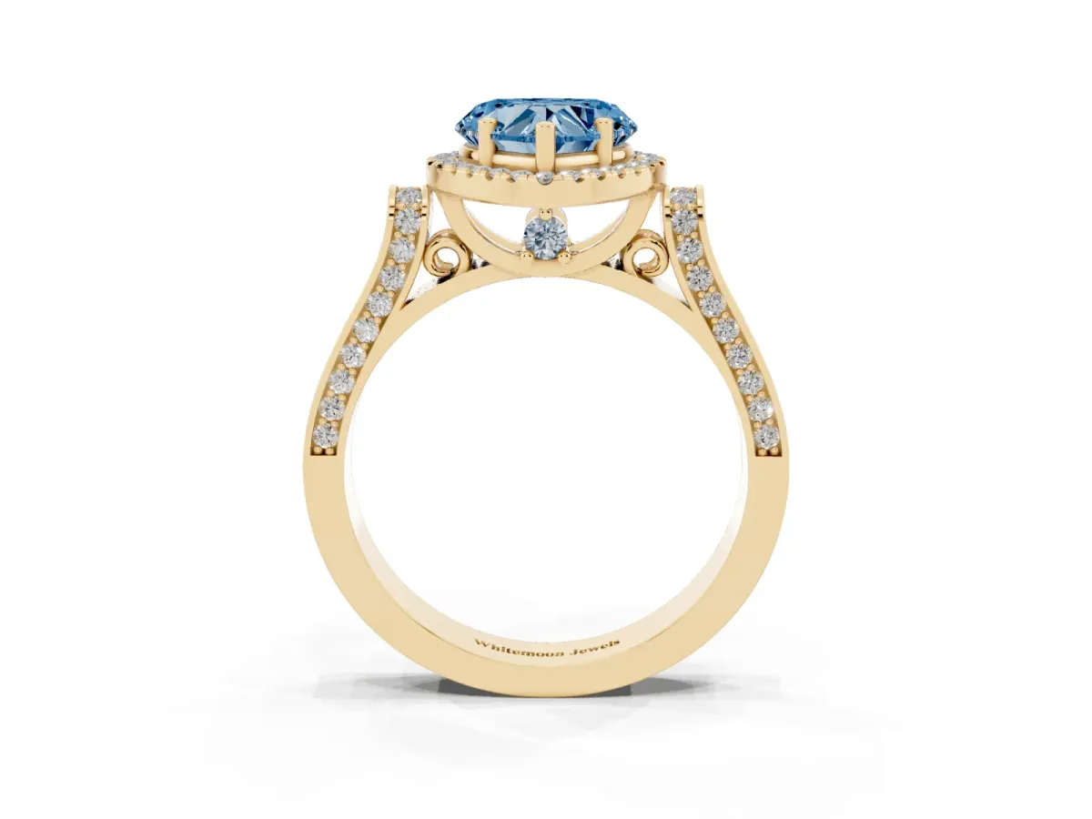 Fancy Blue Heart Cut Halo Pave Split Shank Prong Setting Ring Yellow gold