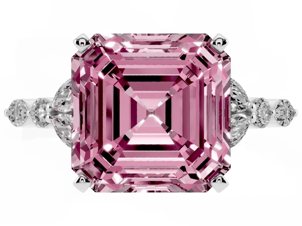 Fancy Pink Asscher Cut Diamond Solitaire Ring with Side Stones and Four-Prong Setting Silver