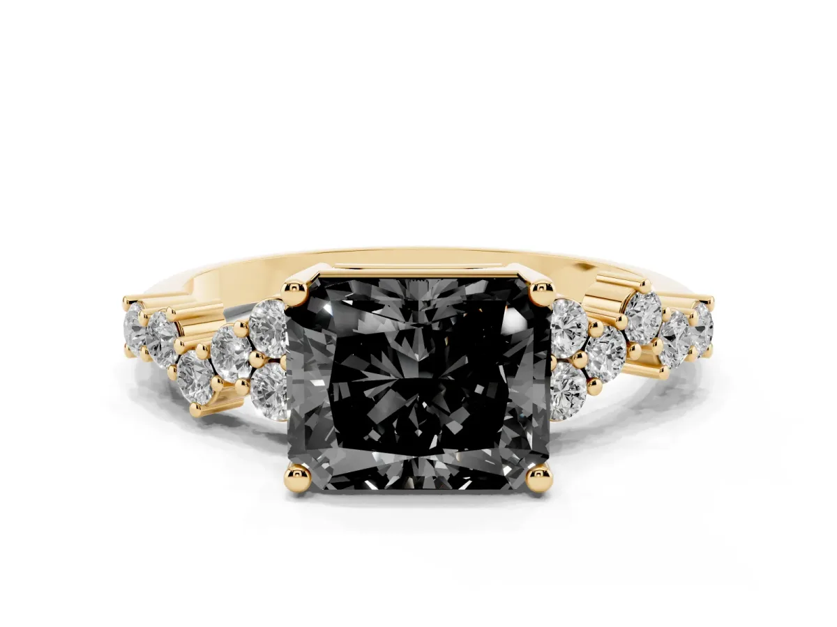 Fancy Black Radiant Cut Diamond Scattered Round Accent Ring with Prong Setting Yellow gold