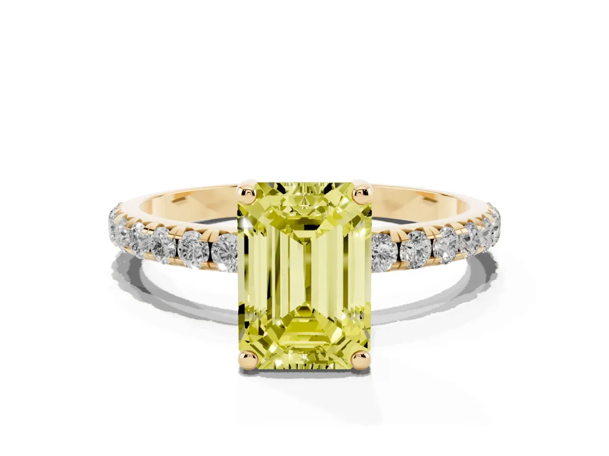 Fancy Yellow Emerald Cut Cut Diamond Solitaire Ring with Micro Pave Band and Four Prong Setting Yellow gold