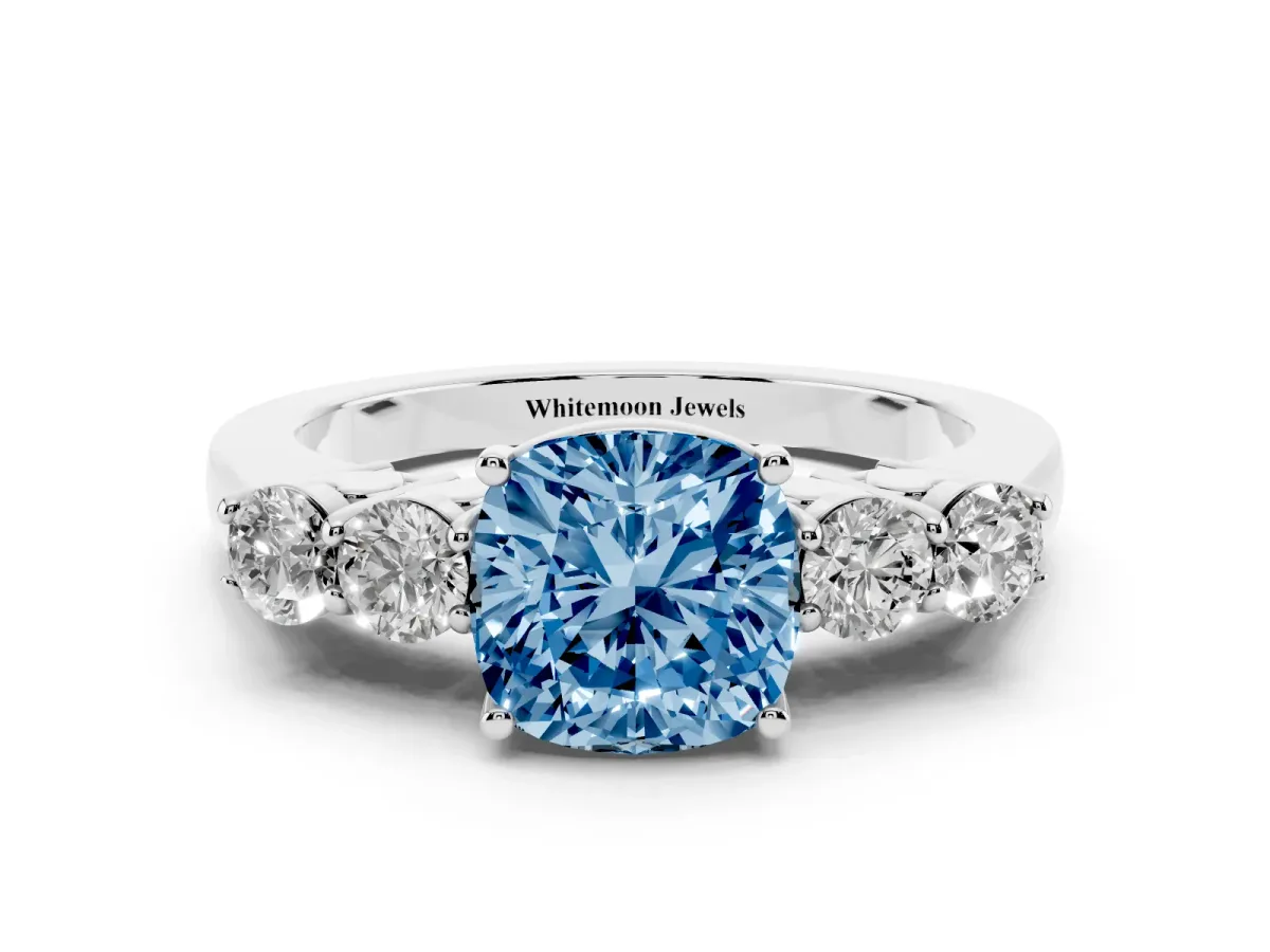 Fancy Blue Cushion Cut Cut Diamond Five-Stone Prong Set White Gold Ring Silver