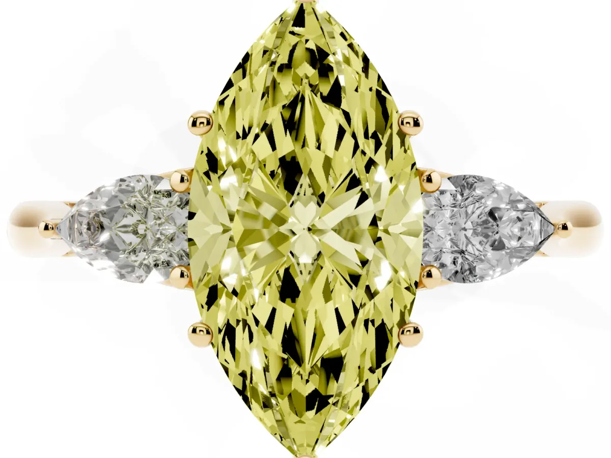 Fancy Yellow Three-Stone Marquise Cut Diamond Ring with Pear Side Stones in Four-Prong Setting Yellow gold