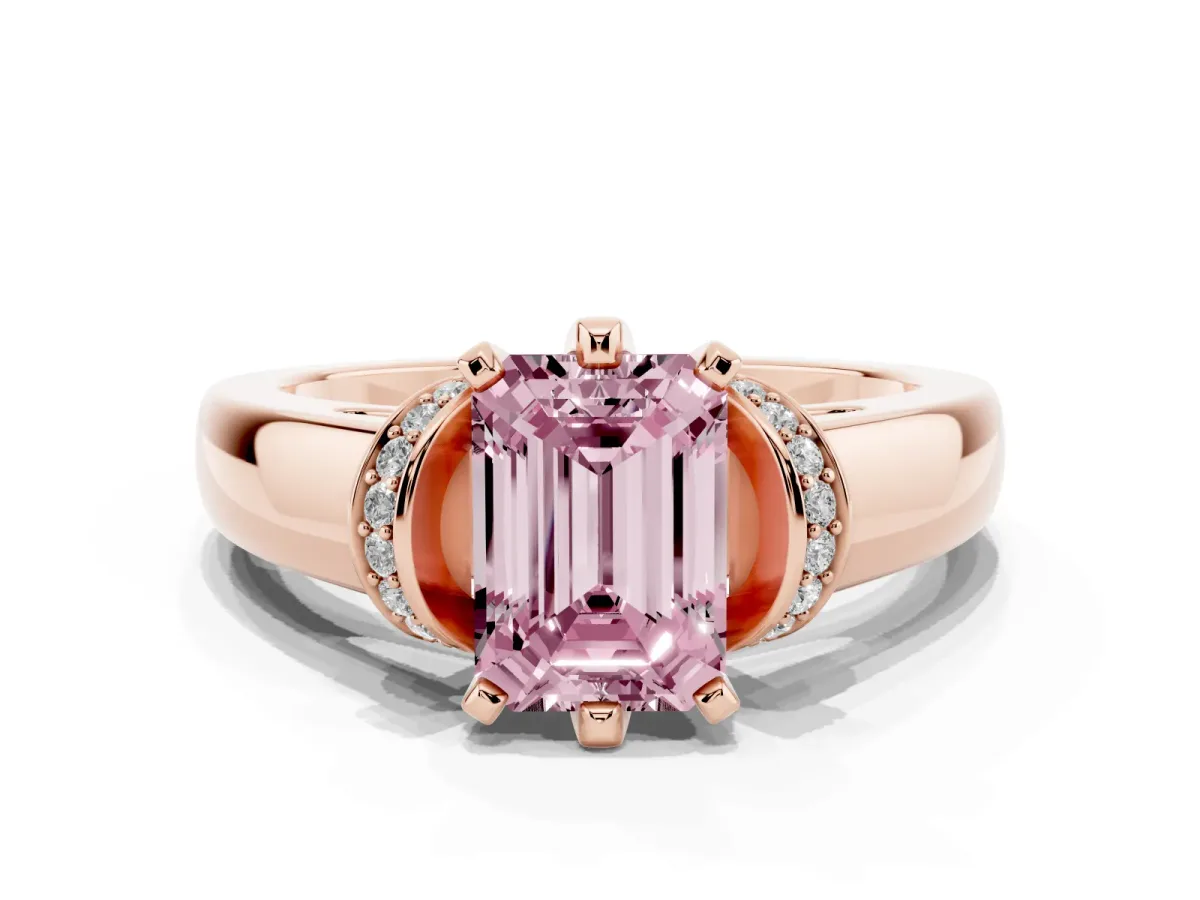 Fancy Pink Emerald Cut Solitaire Diamond Ring with Pave Band and Six-Prong Setting Rose gold