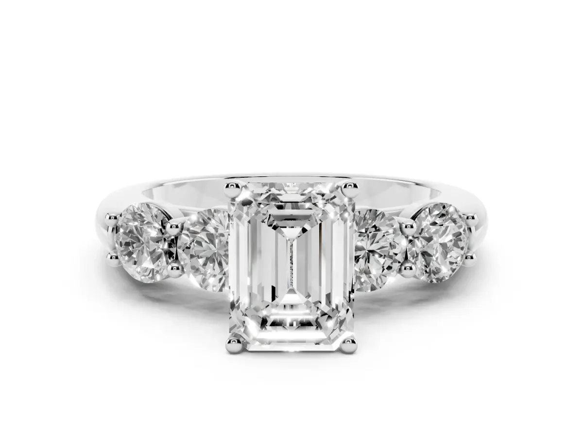 Emerald Cut Cut Five-Stone Prong Set Diamond Ring with Classic Band Silver