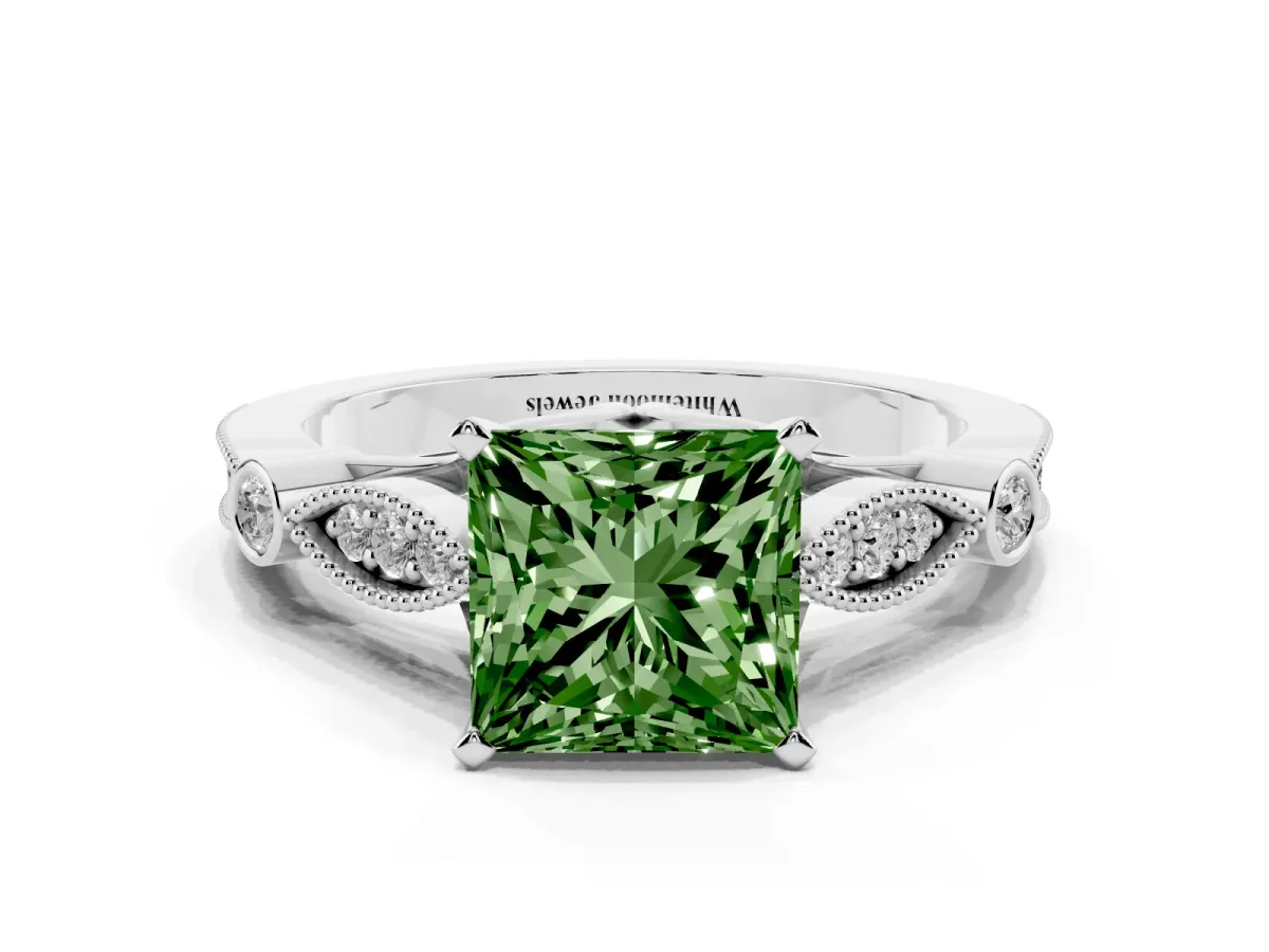 Fancy Green Princess Cut Cut Diamond with Milgrain Marquise and Bezel Accents on a Solitaire Band with Prong Setting White gold
