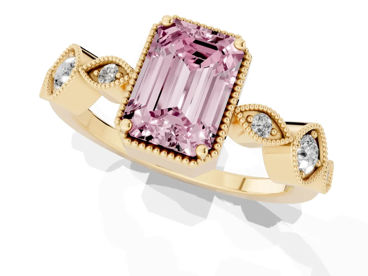 Fancy Pink Emerald Cut Diamond Vintage Milgrain Ring with Round Stations Yellow gold