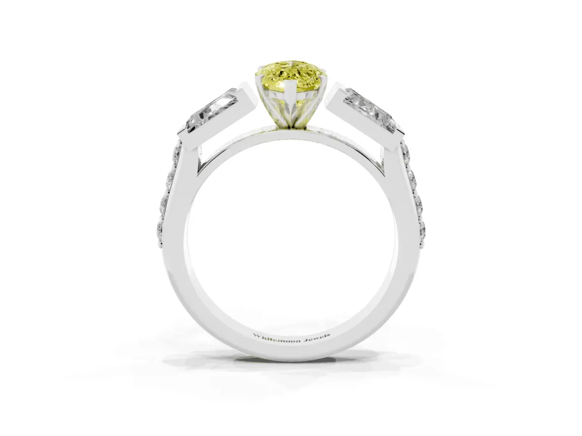 Fancy Yellow Marquise Cut Diamond Engagement Ring with Baguette Side Stones and Channel Set Band Silver