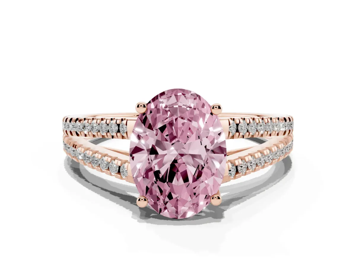 Fancy Pink Oval Cut Diamond Solitaire Engagement Ring with Split Shank Pavé Band Rose gold