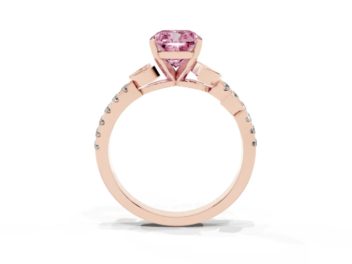 Fancy Pink Cushion Cut Solitaire Leaf-Inspired Diamond Ring with Pavé Band and Four-Prong Setting Rose gold