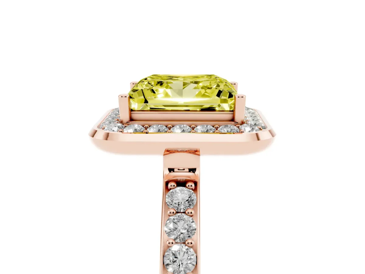 Fancy Yellow Princess Cut Diamond Halo Ring with Bezel Frame and Pavé Band Rose gold