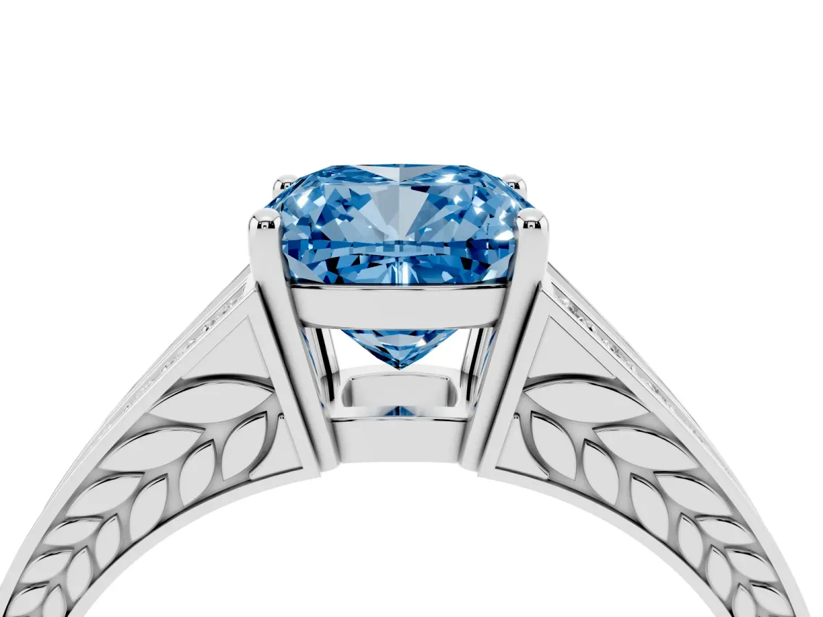 Fancy Blue Cushion Cut Diamond Split Shank Ring with Pavé Band and Four-Prong Setting White gold