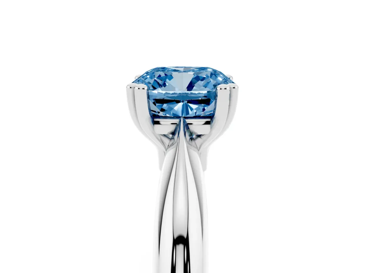 Fancy Blue Cushion Cut Cut Solitaire Engagement Ring with Tapered Band and Four-Prong Setting Platinum