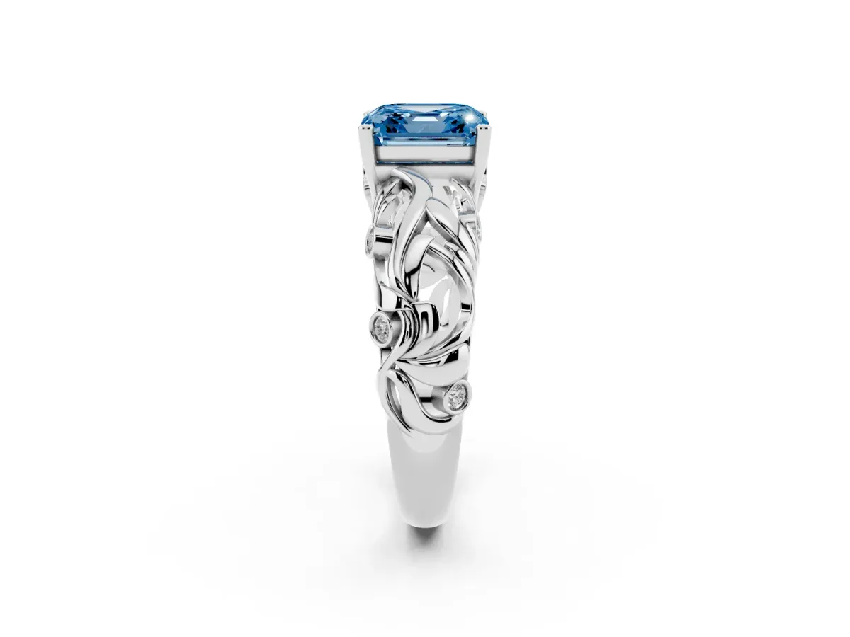Fancy Blue Asscher Cut Solitaire Diamond Leaf-Inspired Vine Band Ring with Prong Setting Platinum
