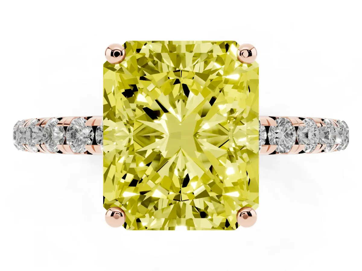 Fancy Yellow Radiant Cut Cut Diamond Solitaire Ring with Micro Pave Band and Four Prong Setting Rose gold