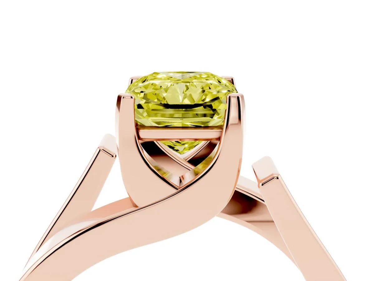 Fancy Yellow Modern Tension Set Radiant Cut Diamond Solitaire Wide Band Ring Rose gold