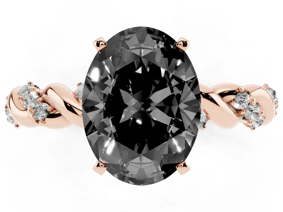 Fancy Black Oval Cut Diamond Solitaire Ring with Twisted Band and Pavé Accents Rose gold