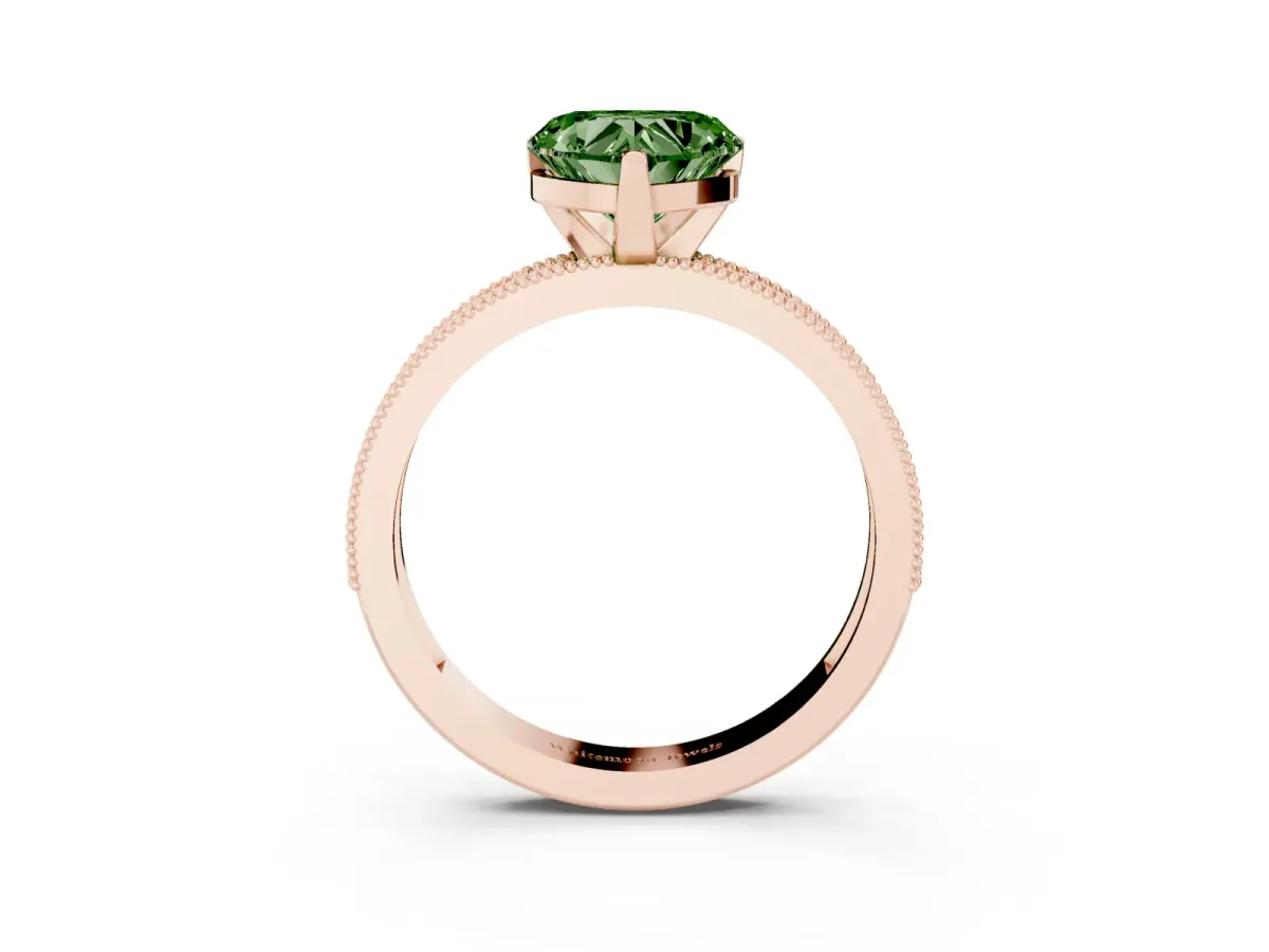Fancy Green Heart Cut Diamond Milgrain Pavé Engagement Ring with Four-Prong Setting Rose gold