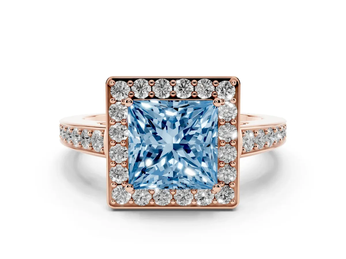 Fancy Blue Princess Cut Halo Pavé Diamond Engagement Ring with Bezel Setting Rose gold