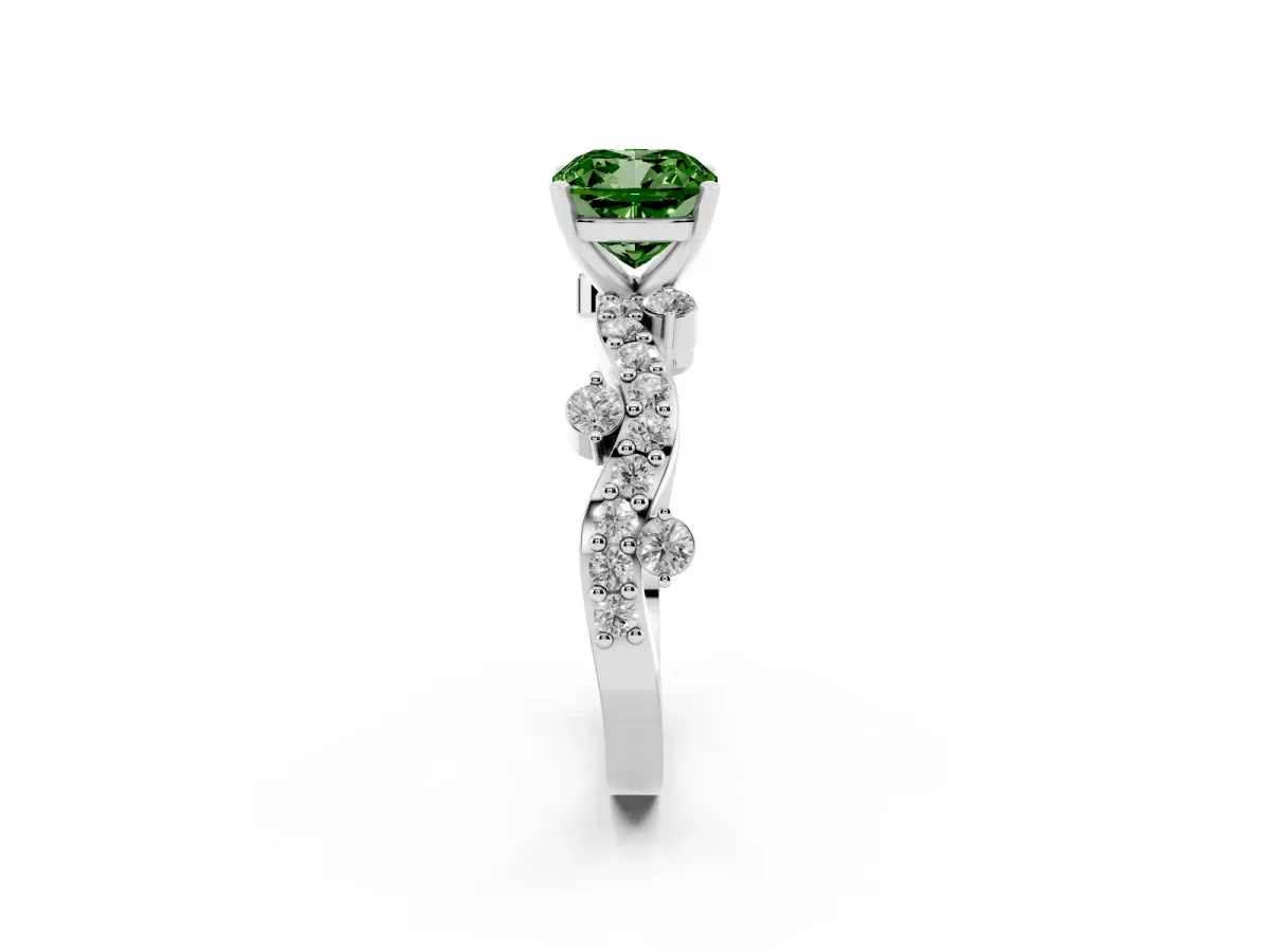 Fancy Green Cushion Cut Cut Solitaire Diamond Twisted Band with Pave Setting Silver