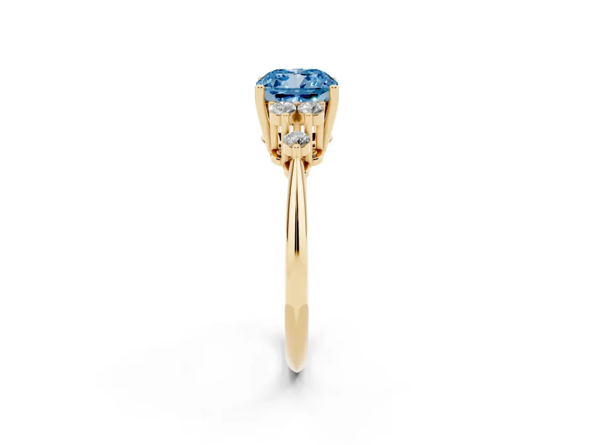 Fancy Blue Cushion Cut Cut Diamond Cluster Ring with Solitaire Band and Four-Prong Setting Yellow gold