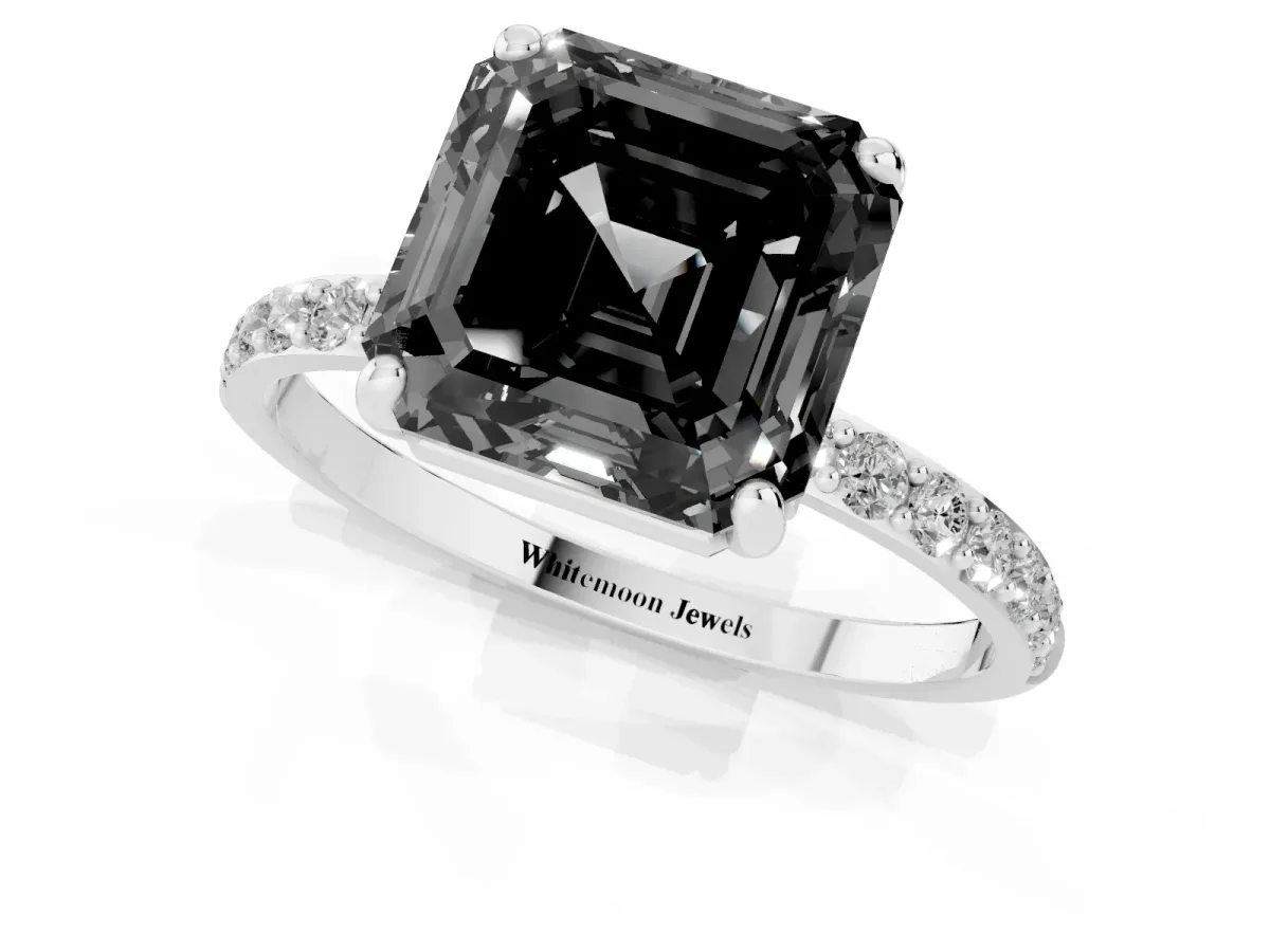 Fancy Black Asscher Cut Diamond Solitaire Ring with Round Pavé Band and Prong Setting Silver
