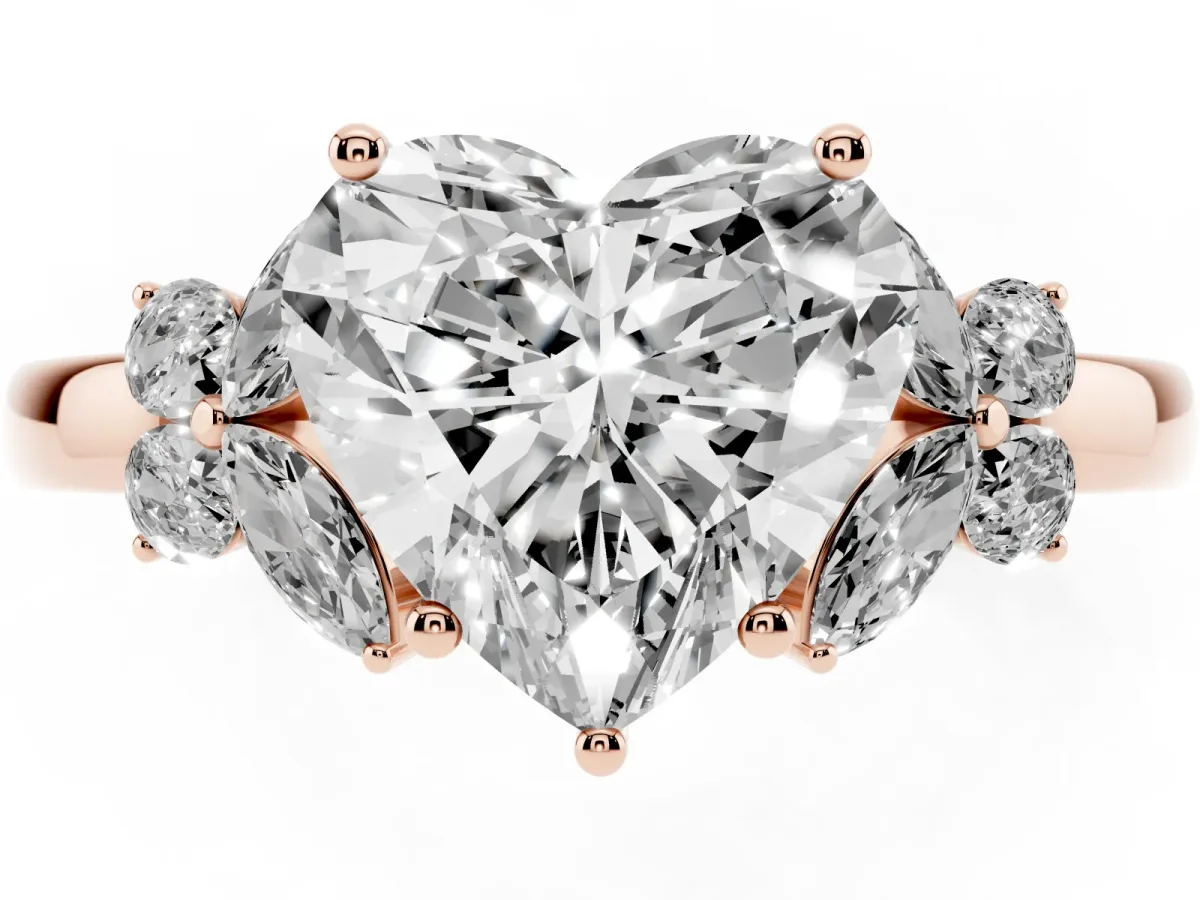 Heart Cut Cut Solitaire Floral Diamond Ring with Four-Prong Setting Rose gold