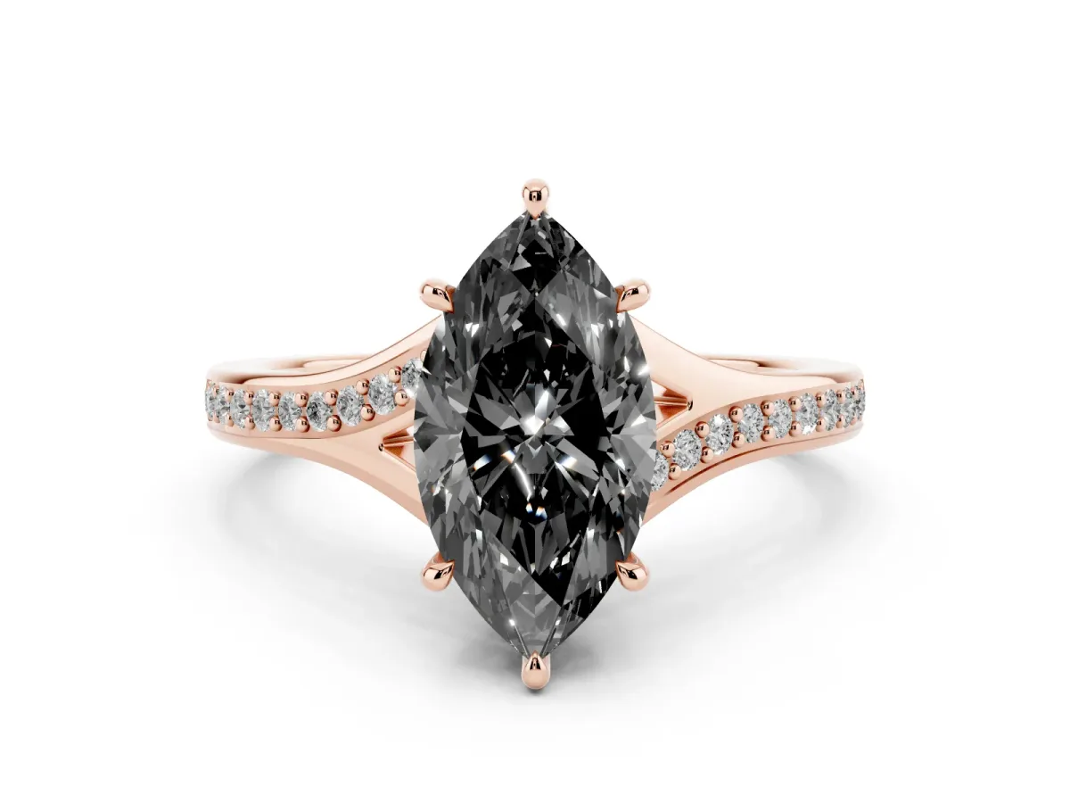 Fancy Black Marquise Cut Diamond Solitaire Ring with Pavé Band and Prong Setting Rose gold