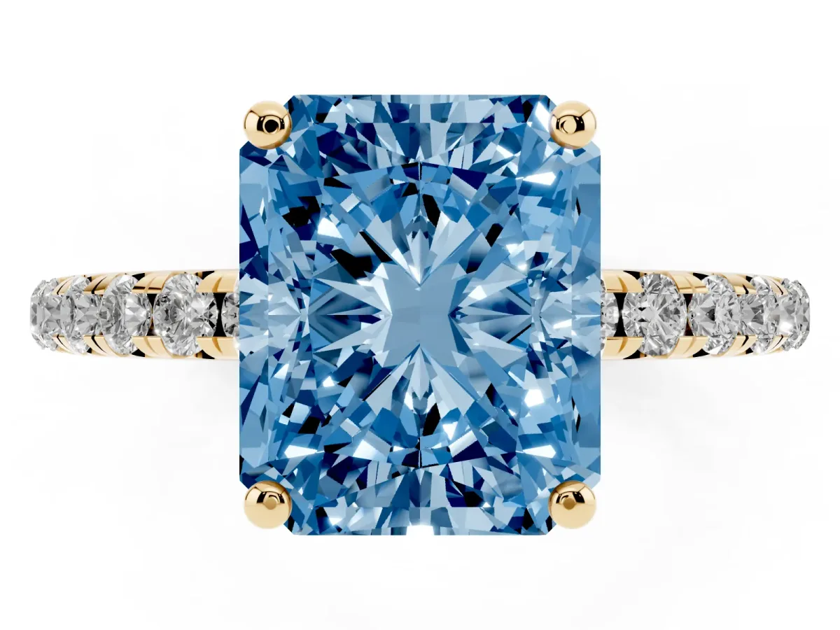 Fancy Blue Radiant Cut Cut Diamond Solitaire Ring with Micro Pave Band and Four Prong Setting Yellow gold