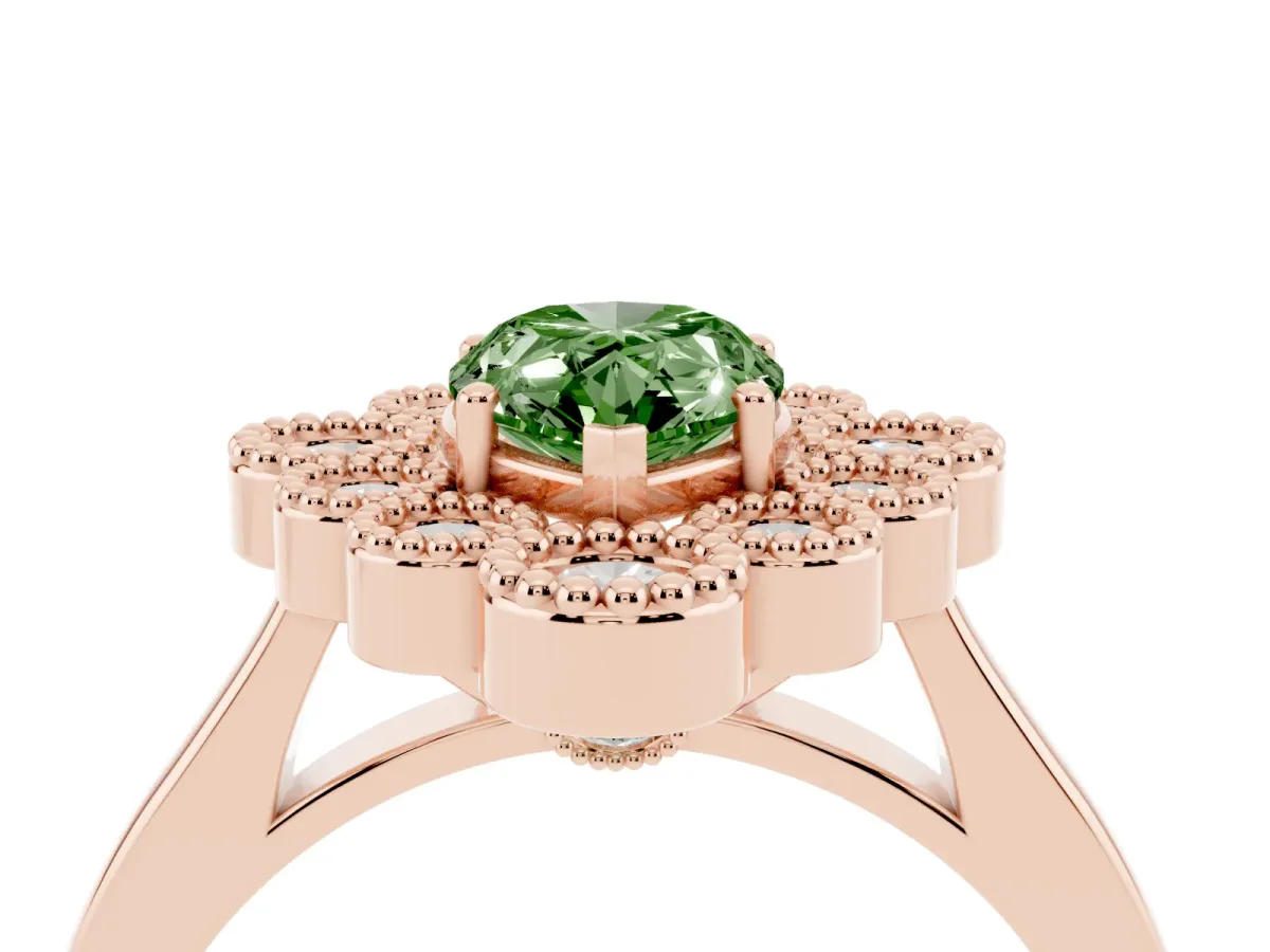 Fancy Green Pear Cut Halo Diamond Cluster Engagement Ring with Milgrain Bezel Setting and Solitaire Band Rose gold