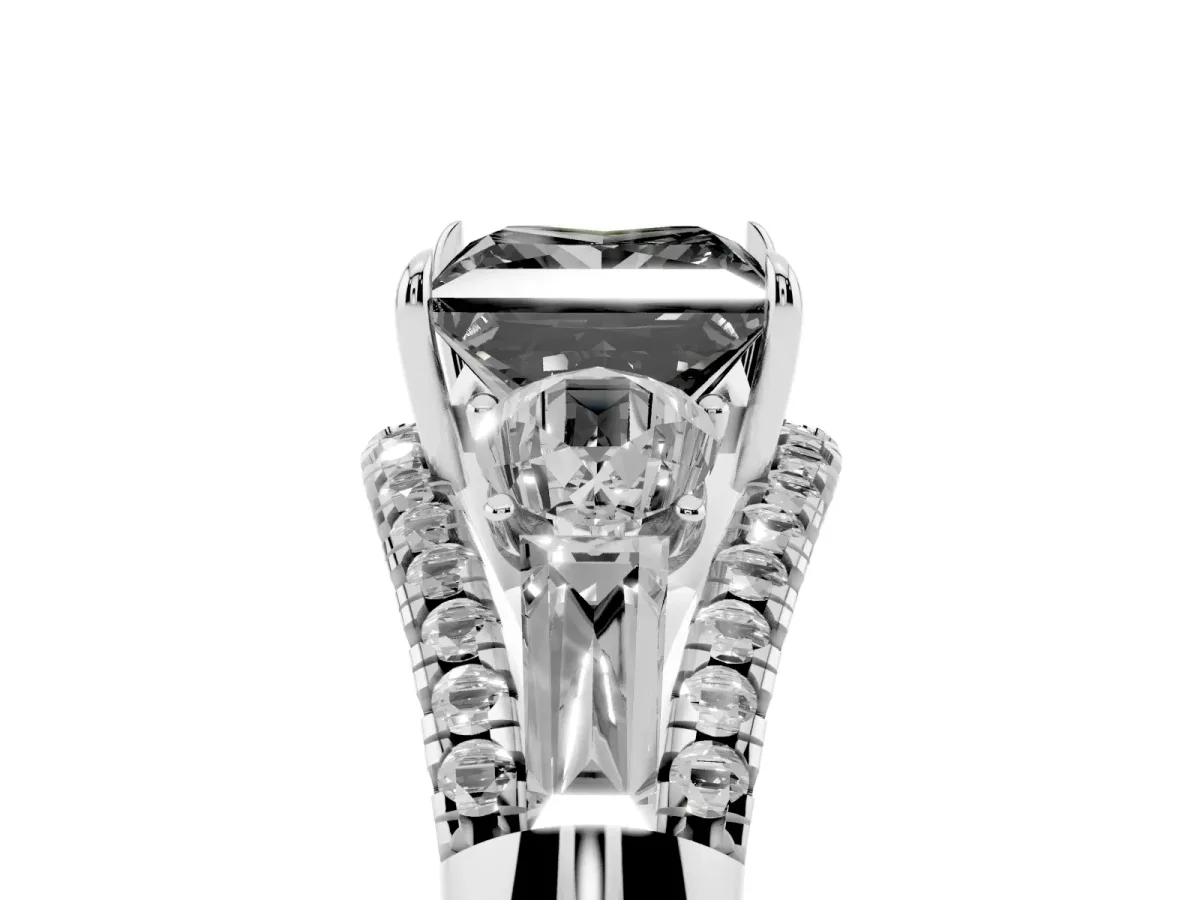 Fancy Black Three-Stone Princess Cut Diamond Engagement Ring with Pave Band and Prong Setting Silver