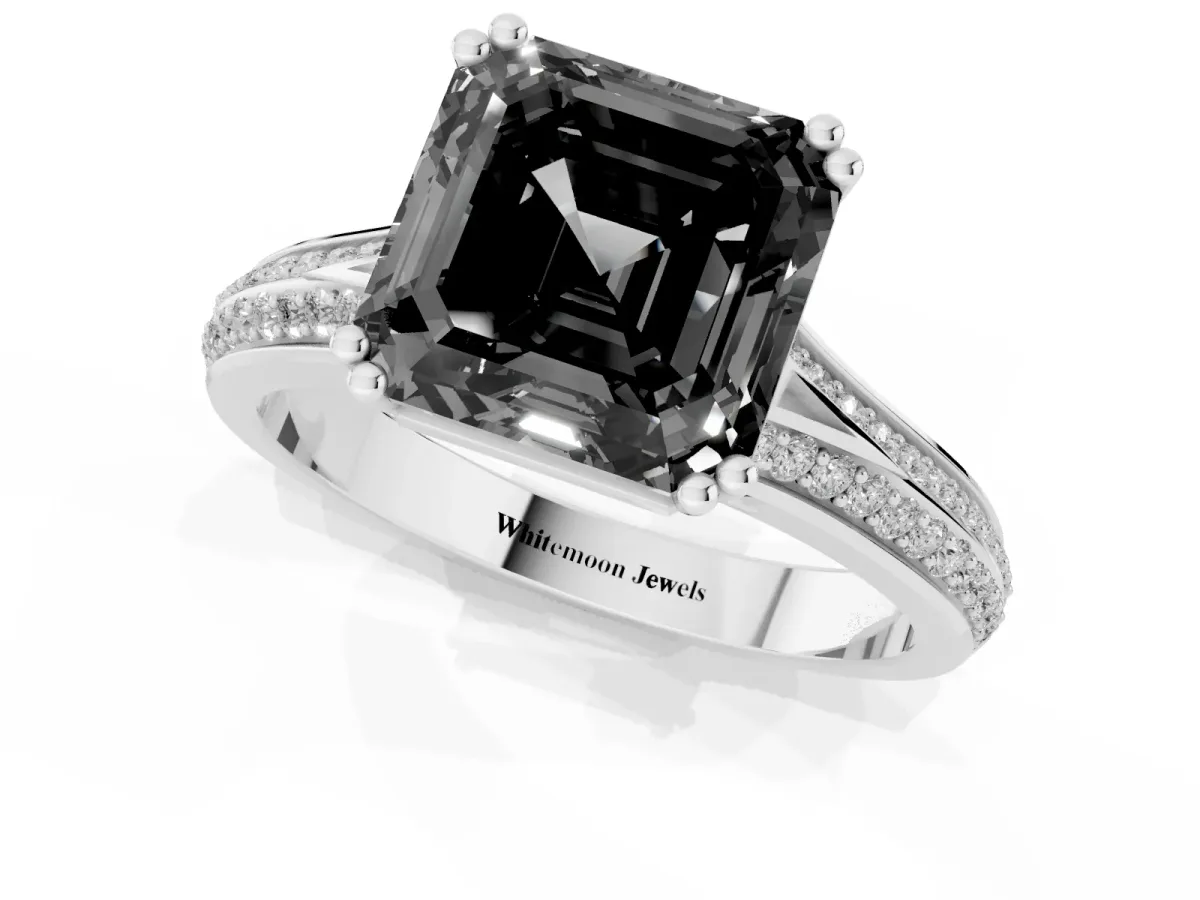 Fancy Black Asscher Cut Diamond Split Shank Engagement Ring with Pavé Band Silver