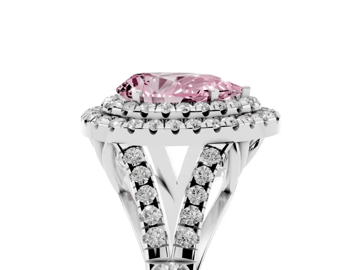Fancy Pink Pear Cut Diamond Pavé Split Shank Double Halo Engagement Ring Silver