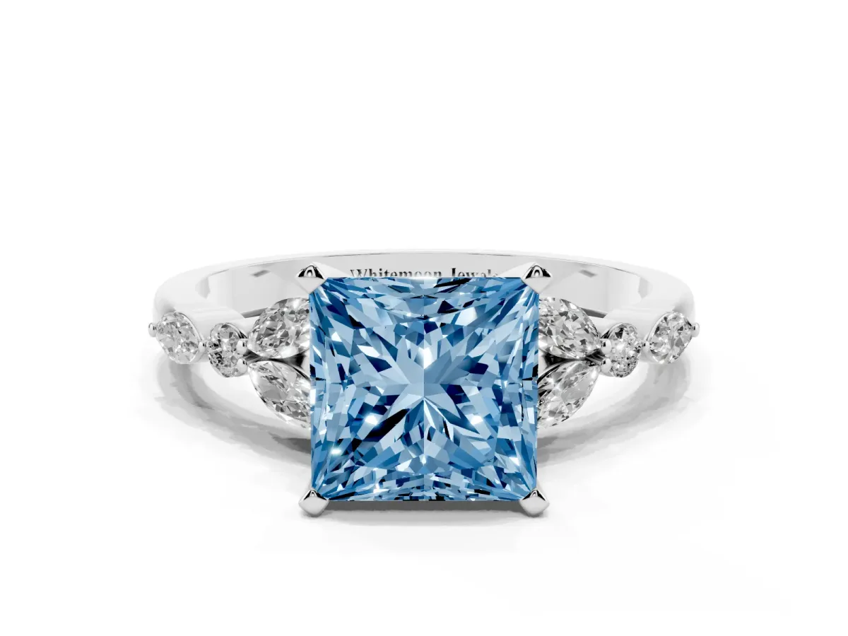 Fancy Blue Princess Cut Diamond Solitaire Ring with Side Stones and Four-Prong Setting Platinum