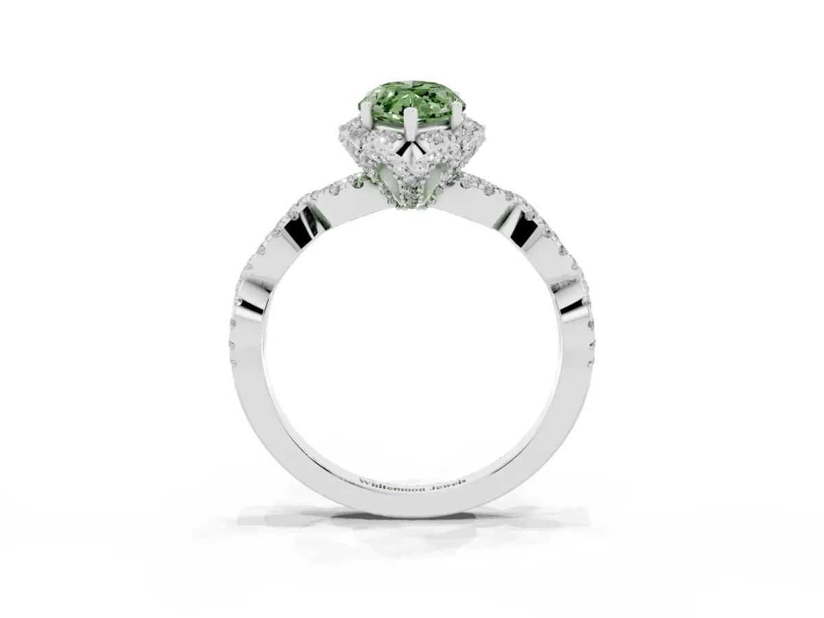 Fancy Green Marquise Cut Halo Twist Band Solitaire Ring with Six-Prong Setting Platinum