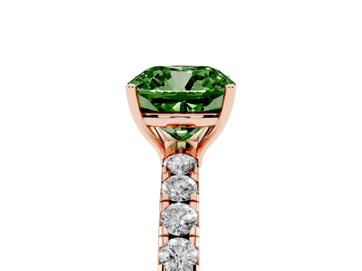 Fancy Green Cushion Cut Diamond Pavé Solitaire Engagement Ring with Four-Prong Setting Rose gold