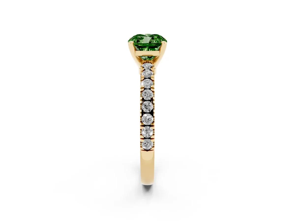 Fancy Green Cushion Cut Solitaire Diamond with Pavé Band and Four-Prong Setting Yellow gold