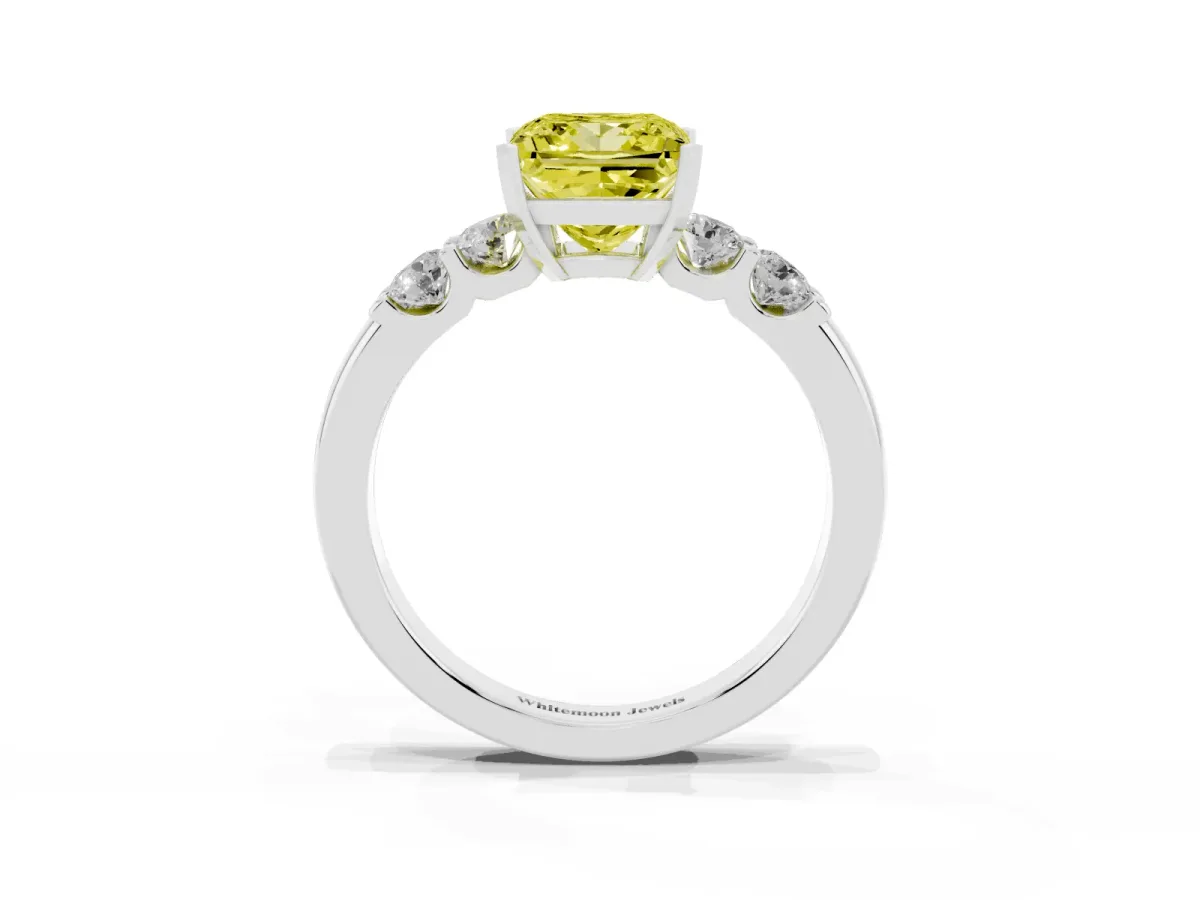 Fancy Yellow Princess Cut Brilliant Cut Diamond Five-Stone Prong Set Engagement Ring with Channel Band White gold