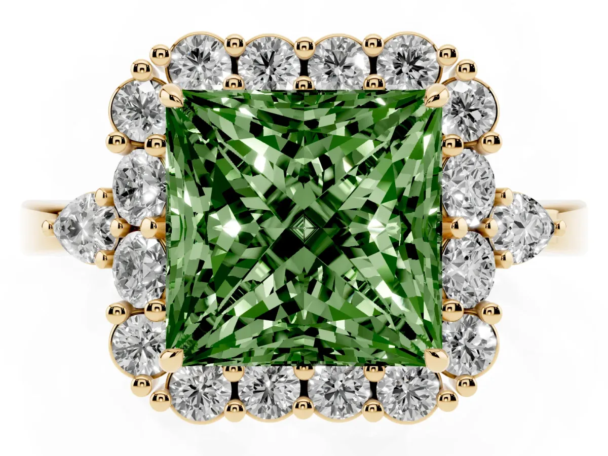 Fancy Green Princess Cut Diamond Halo Ring with Pear Side Stones and Prong Setting Yellow gold