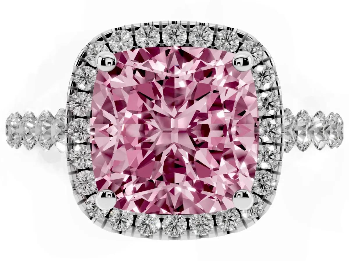 Fancy Pink Cushion Cut Halo Pavé Diamond Engagement Ring with Four-Prong Setting Silver