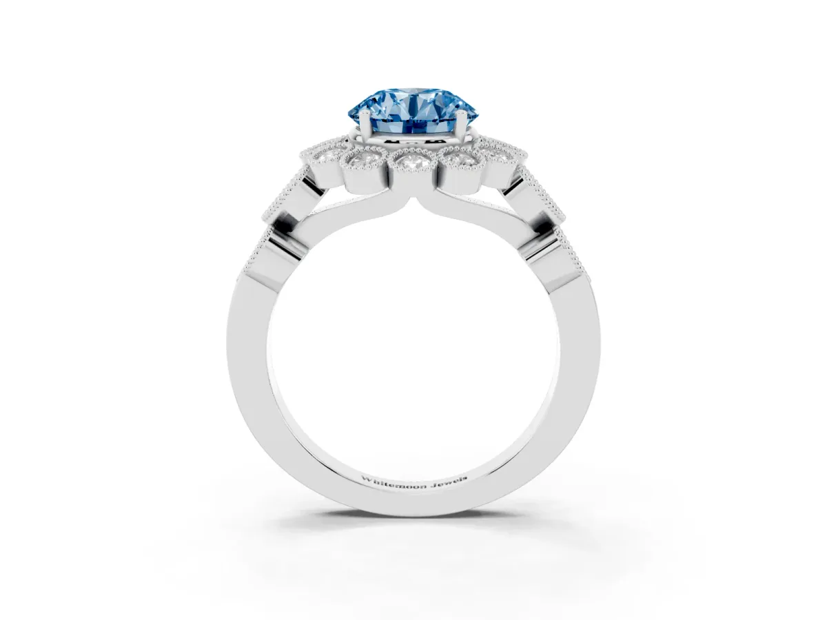 Fancy Blue Round Cut Brilliant Milgrain Pave Heart Band Solitaire Ring Silver