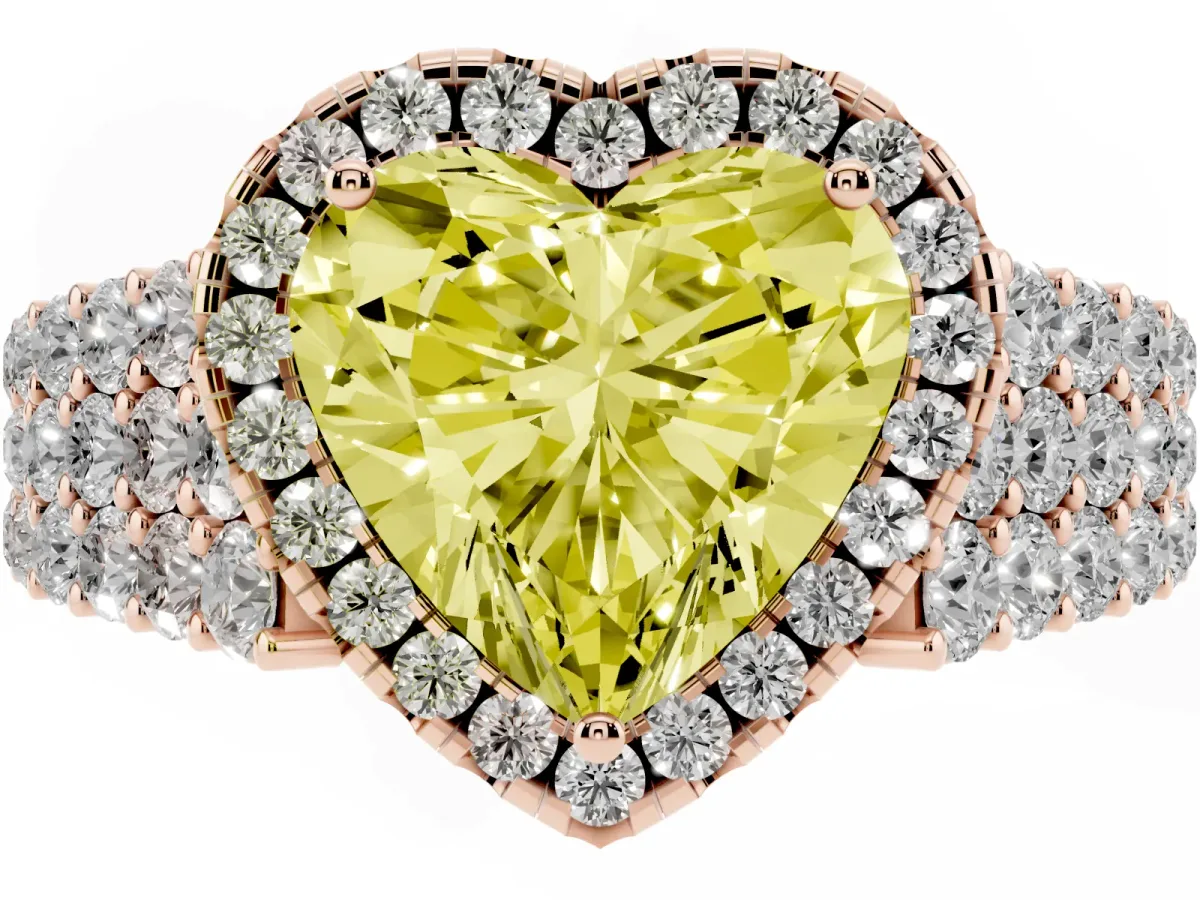 Fancy Yellow Heart Cut Diamond Halo Engagement Ring with Triple Row Round Pavé Band and Prong Setting Rose gold