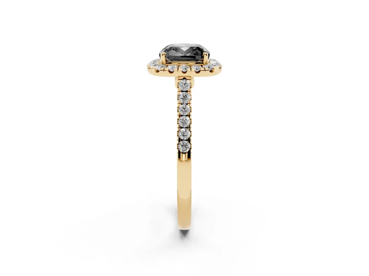 Fancy Black Cushion Cut Halo Pave Diamond Engagement Ring with Four-Prong Setting Yellow gold