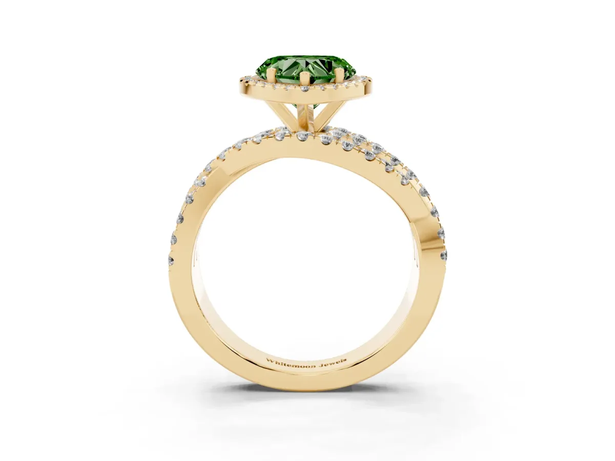 Fancy Green Heart Cut Diamond Halo Ring with Round Split Shank and Prong Setting Yellow gold