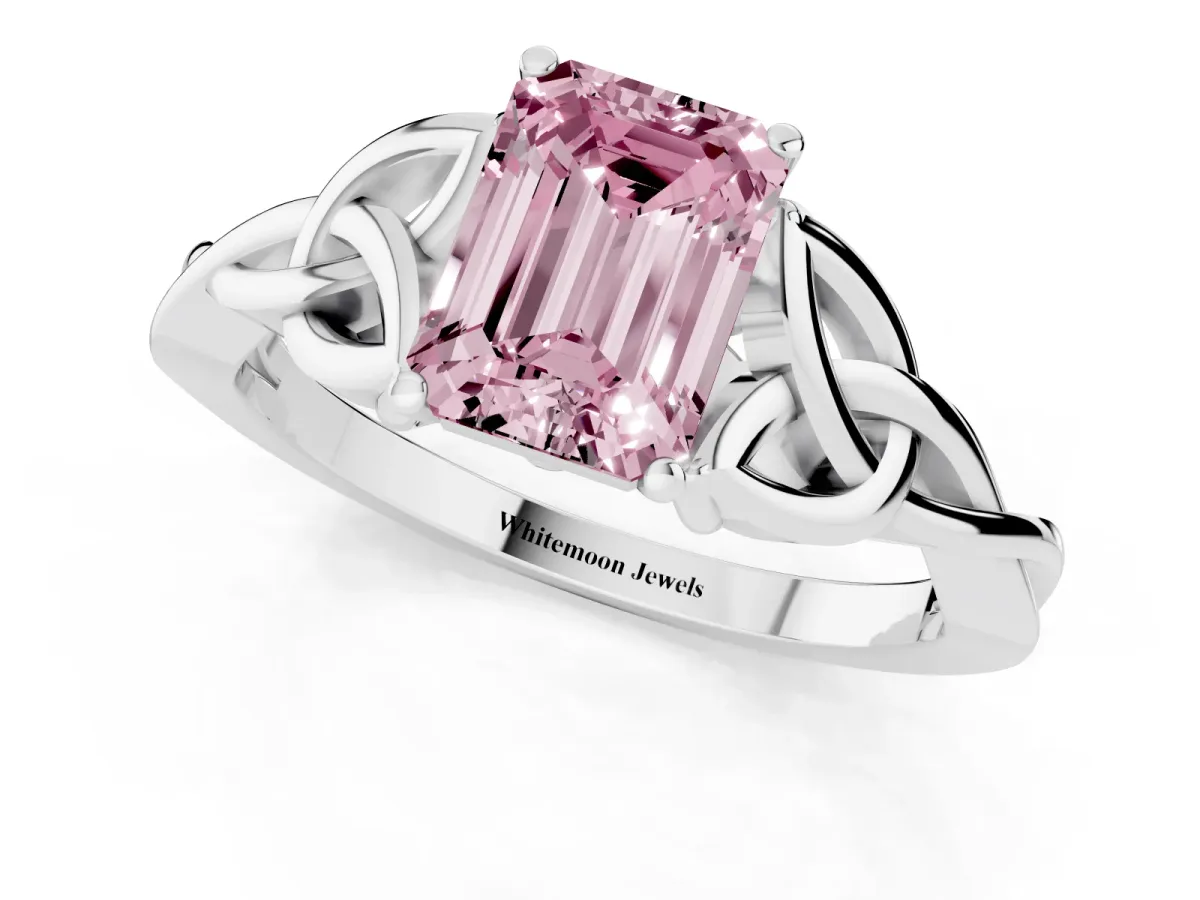 Fancy Pink Emerald Cut Diamond Solitaire Engagement Ring with Celtic Knot Band and Four-Prong Setting Platinum